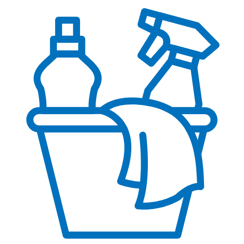Icon für Grundreinigung: blauer Putzeimer mit Reinigungsmitteln, Sprühflasche und Tuch – Symbol für gründliche Gebäudereinigung in Hamburg.