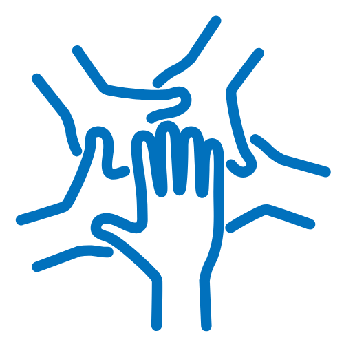 Blaues Icon mit mehreren Händen, Symbol für Teamarbeit und fest angestellte Reinigungskräfte bei Polarglanz in Hamburg.