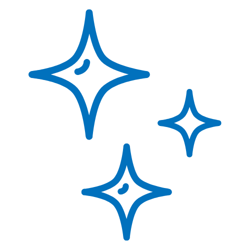 Blaues Icon mit drei glitzernden Sternen, Symbol für gründliche Reinigung und Zufriedenheitsgarantie in Hamburg.