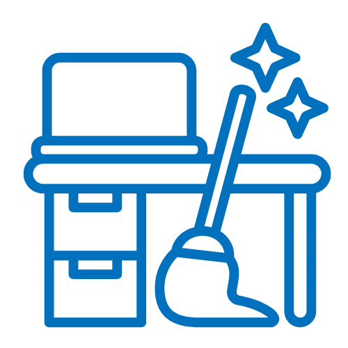 Icon Büroreinigung: blauer Schreibtisch mit Computer, daneben ein Wischmopp und Glanz-Symbole – Symbol für saubere Arbeitsplätze in Hamburg.