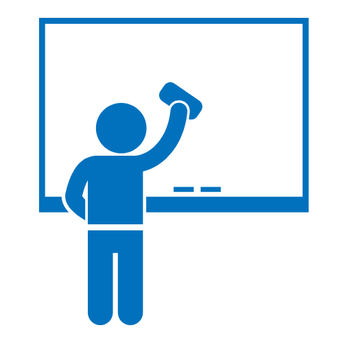 Blaues Icon mit Person, die eine Schultafel wischt – Symbol für Kita- und Schulreinigung in Hamburg.