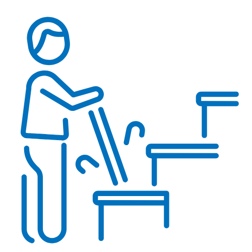 Blaues Icon mit Person, die eine Treppe wischt, Symbol für professionelle Treppenhausreinigung in Hamburg.