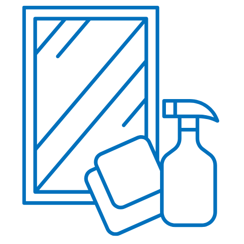 Blaues Icon mit Spiegel, Sprühflasche und Reinigungstuch, Symbol für Sonderreinigung in Hamburg.