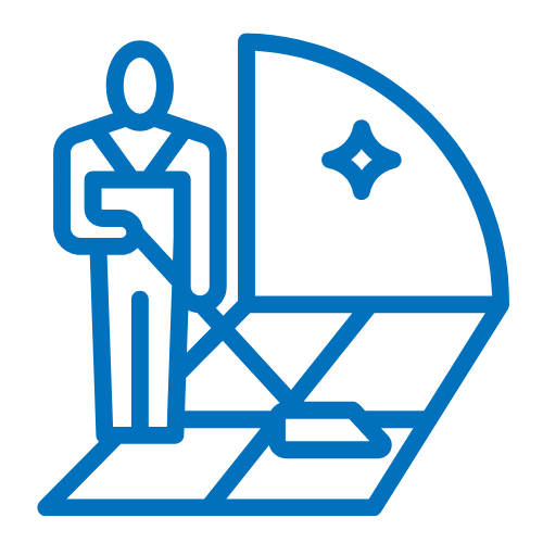 Blaues Icon mit Person beim Wischen eines Bodens, Symbol für Gewerbereinigung in Hamburg.