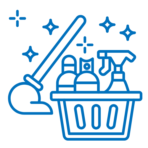 Blaues Icon mit Putzeimer, Sprühflasche und Mop, Symbol für Eventreinigung bei Hochzeiten, Feiern, Kongressen und Messen in Hamburg und Umgebung.