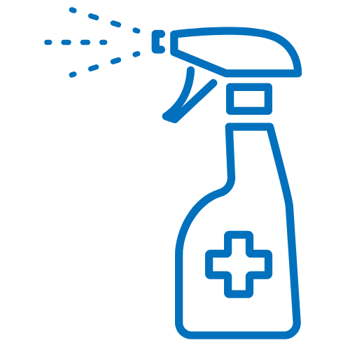 Blaues Icon einer Sprühflasche mit Kreuzsymbol. Symbol für Hygiene und Desinfektion bei der Praxisreinigung in Hamburg.