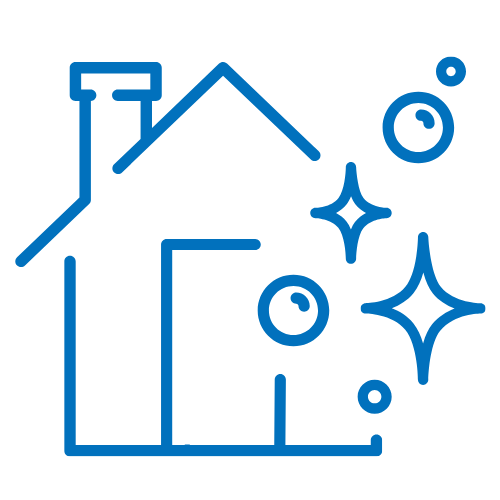 Blaues Icon mit Haus und Glanzsymbolen, Symbol für Bauendreinigung und Renovierungsreinigung in Hamburg.